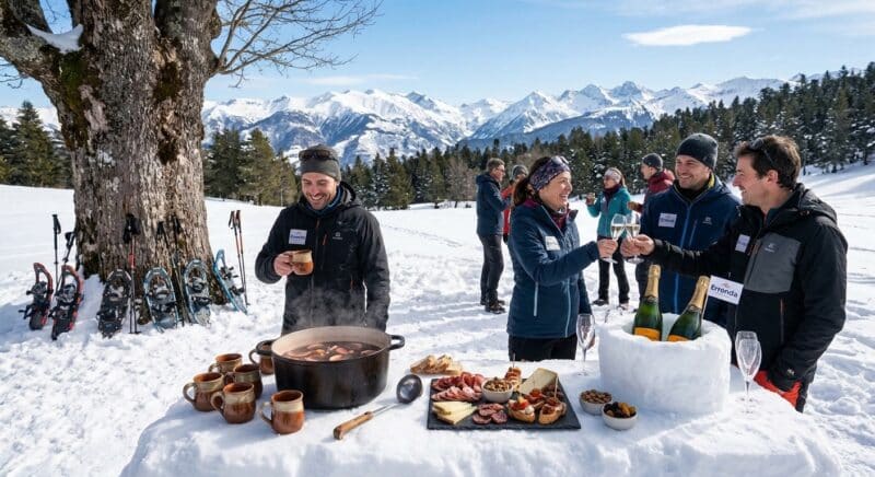 Apéritif pause gourmande randonnée raquette convivial dans les Alpes et Pyrénées enneigées