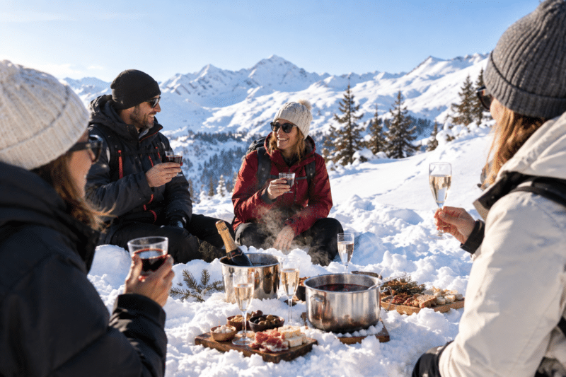 Apéritif pause gourmande randonnée raquette convivial dans les Alpes et Pyrénées enneigées